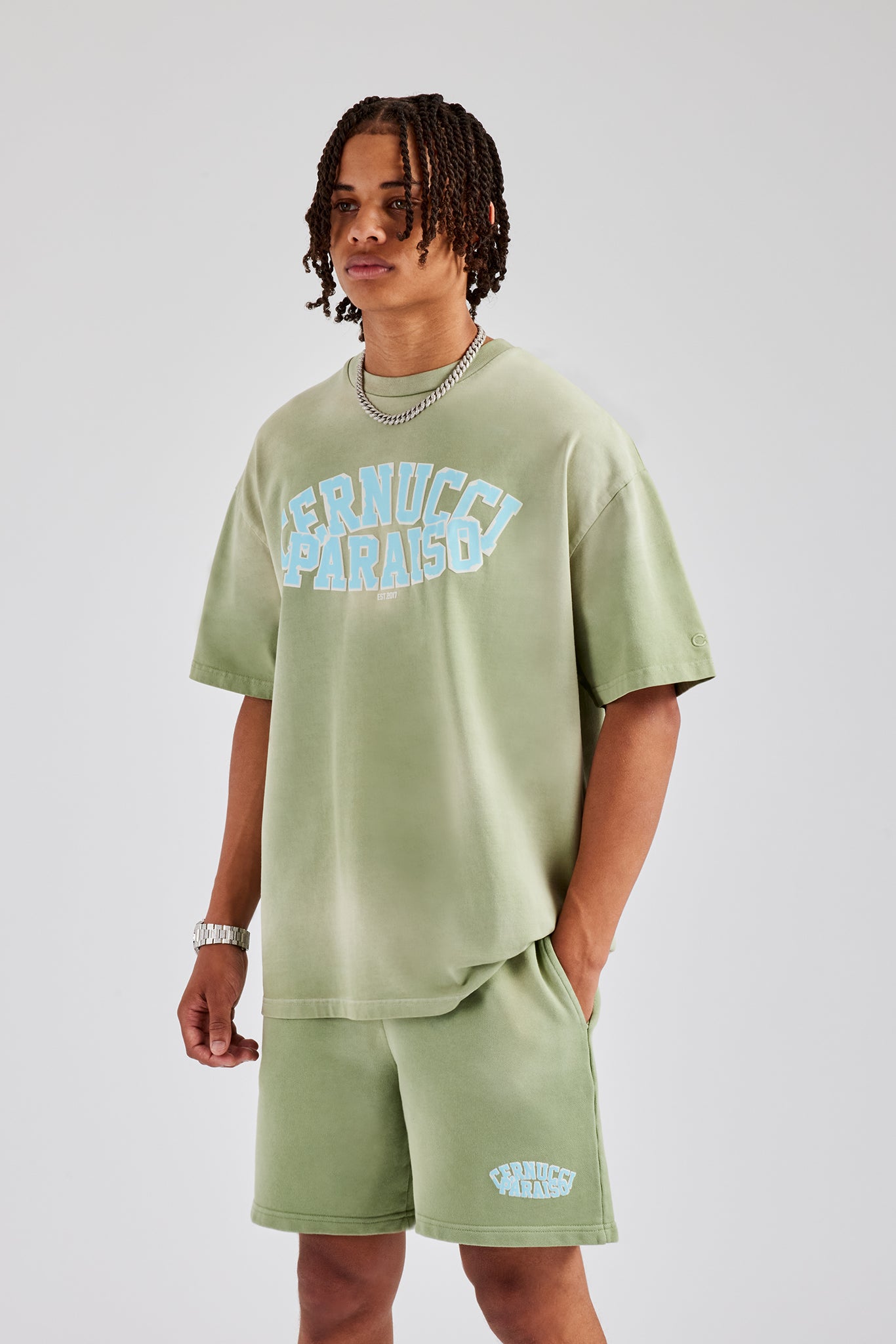 Spray Washed Paraiso Oversized T-Shirt & Shorts Set – Verwaschenes Grün